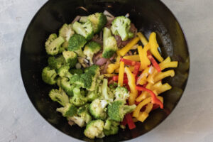 vegetables in a wok.