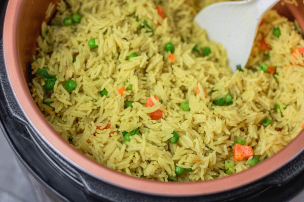 cooked rice in a pot.