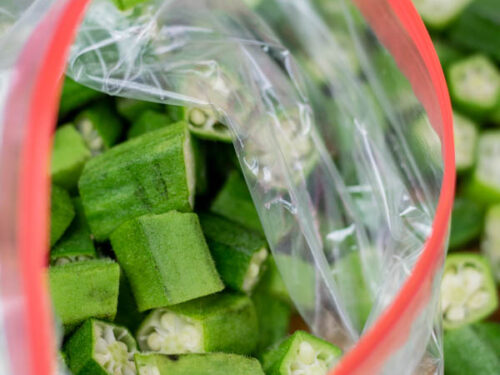 chopped okra in a freezer bag.