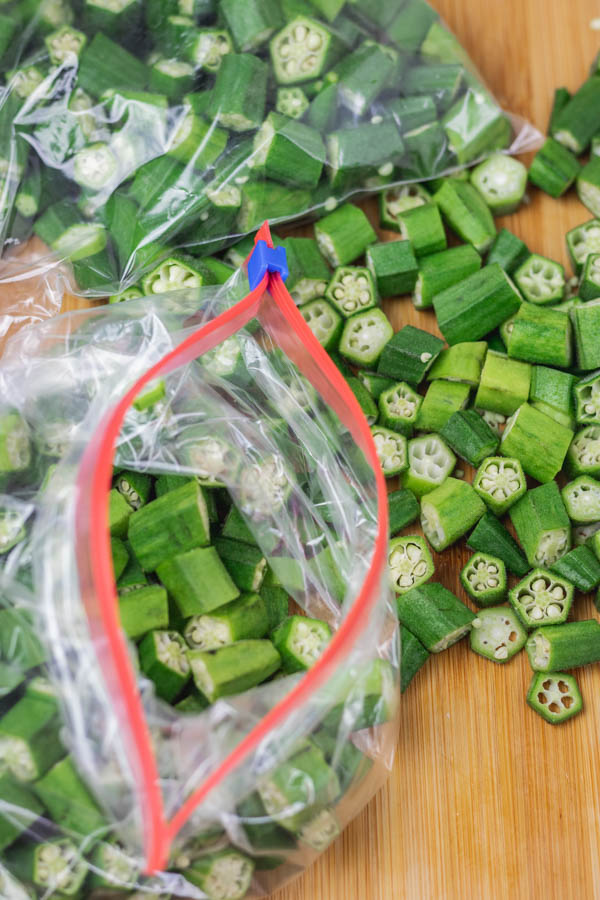 sliced okra in freezer bags.