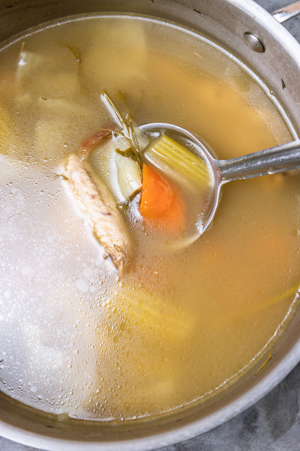 a pot of chicken stock.