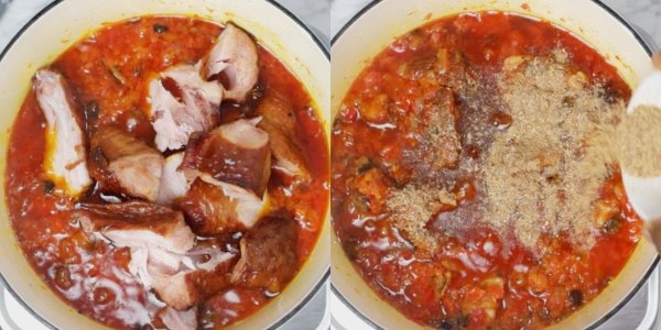 a hand pouring spice into a pot of stew.