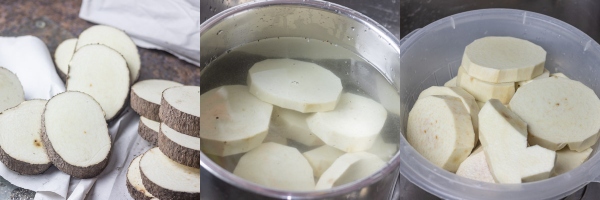 the process of peeling and cleaning yam.